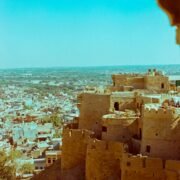 Ancient sandstone Jaisalmer Fort overlooking the golden city of Jaisalmer, Rajasthan, at sunset